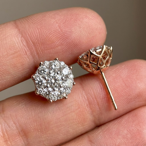 Magnifiques boucles d'oreilles clous en or rose massif 18 carats avec diamants, grappe ronde, illusion solitaire, couronne, panier, cadeau romantique pour les amoureux - Product Image 3