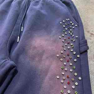 Pantalons à jambes larges pour hommes, en denim délavé à l'acide, avec strass personnalisés, style sport, jogging, ample, style pakistanais. - Product Image 3