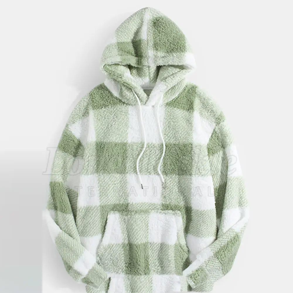 Checked Pullover Custom Men Clothes Fur Hoodies In Stock Best Selling Men's Light Green Color Fur Hoodies