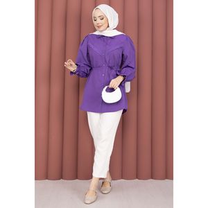 Blusa de Mujer con Bordado Floral, Detalle de Cordones y Flecos, Corte Holgado, Tejido de Popelina, para Otoño y Primavera, Talla XL, Color Lila - Product Image 1