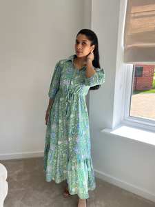 Vestido Midi Verde Boho de Algodón, Vestido de Verano para Mujer con Estampado a Mano - Product Image 5