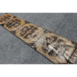 Turkish Vintage Rug, 2.2x11.3 ft Runner Rug, <b>Brown</b> Yellow Moroccan <b>Wool</b> Rug - Product Image 4