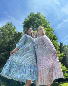 Pur coton longue robe Maxi indien bloc imprimé Pastel été terreux élégant maman confortable vêtements de jour - Product Image 3