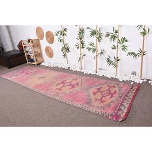 Alfombra turca Vintage bohemia de 3x11 pies, patrón de retales de estilo clásico, de lana rosa y naranja Material, respaldo de látex para cabecera de entrada - Product Image 1