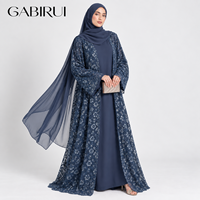 Ensemble 3 pièces pour femmes musulmanes : Kimono ouvert, broderie dentelle, Abaya de luxe de Dubaï, Hijab, pour Ramadan, Aïd, Fêtes. Fabrication sur mesure, Vente en gros.