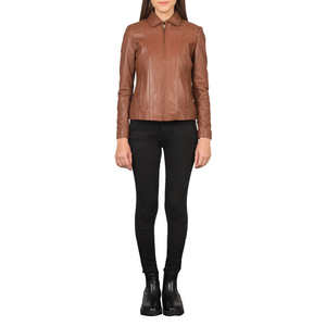 Women's <b>Brown</b> Lambskin Biker Jacket Regular Satin Sleeves Breathable Waterproof Windproof Fashionable Plain Dyed Design Nylon - Product Image 6