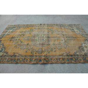5.6x9.2 ft Rug, Vintage Turkish Large Rug, <b>Yellow</b> <b>Wool</b> Rug - Product Image 2