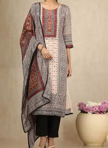 Vêtements indiens et pakistanais gracieux Beige noir rouge imprimé viscose soie femmes Kurta robe avec Dupatta et pantalon coupe régulière - Product Image 6