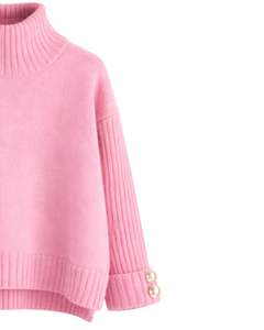 Ensemble pull en tricot rose bébé et pantalon large pour femme, col montant, confortable, vêtements de détente d'hiver, fabricant personnalisé OEM - Product Image 4