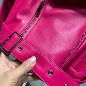 Veste en cuir rose, veste en cuir courte de motard, veste en cuir de mouton véritable pour femmes avec fourrure de renard - Product Image 5