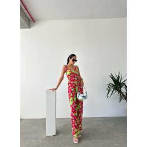 Mono de satén de cintura alta con cuello en V estampado y diseño de tirantes, transpirable, estilo urbano moderno - Product Image 3