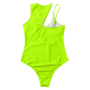 Maillot de bain asymétrique à une épaule vert néon, monokini 1 pièce avec logo frontal pour femmes, vêtements de plage d'été - Product Image 1