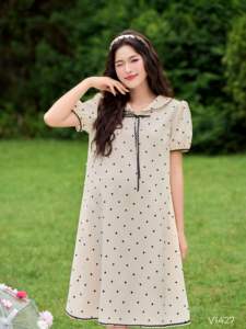 Vestido de Maternidad con Estampado de Lunares Color Crema, Colección Verano V1427, Tela Suave y Transpirable de Sarga con Spandex, Precio al por Mayor - Product Image 4