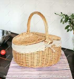 Rattan Picnic <b>Basket</b> Hamper Shopping Vintage <b>Basket</b> <b>with</b> Lid and <b>Handle</b> Camping for Shopping - Product Image 1