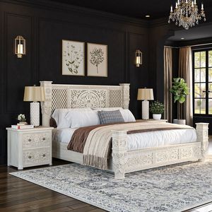 Set Letto Contemporaneo in Legno di Teak Artigianale con Testiera Intagliata a Mandala, <span class=keywords><strong>2</strong></span> Comodini, Legno Massello Bianco Invecchiato, Arredamento Scolastico - Product Image 1