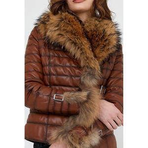Chaqueta Acolchada de Cuero Marrón para Mujer con Ribete de Piel de Zorro Genuina, Estilo Acolchado, Ropa de Abrigo Cálida para Invierno, Abrigo de Cuero Moderno - Product Image 5