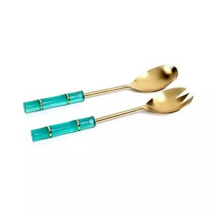 Juego de servicio de ensalada chapado en oro de acero inoxidable de nuevo diseño con mango sombreado de resina verde - Product Image 4