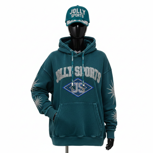 Sudadera Extra Grande para Mujer, Algodón Grueso, Felpa de Poliéster, 320 GSM, Verde Azulado, Logotipo de Pedrería, Sudadera Básica Personalizada - Product Image 6