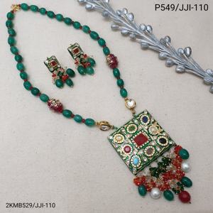 Handcrafted Green Beaded Kundan <b>Necklace</b> <b>Set</b> with Colorful Square Pendant and Earrings for Women <b>Bridal</b> and Festive Jewelry - Product Image 3