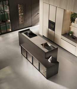 Juego de Muebles de Cocina de Estilo Italiano Moderno y Lujoso, Diseño Minimalista con Puertas de Vidrio y Chapa de Madera Oscura, Diseños Modulares de Isla de Cocina para Villa - Product Image 3