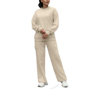 Conjunto Deportivo Casual de Invierno para Mujer, Transpirable, de Forro Polar, con Sudadera de Cuello Redondo y Pantalones Deportivos Anchos Tipo Cargo, 100% Algodón, Venta al Por Mayor - Product Image 1