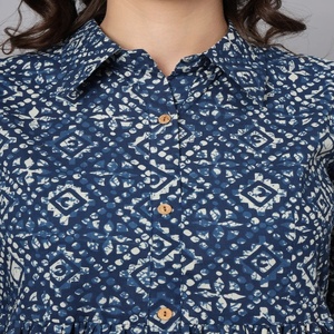 Vestido Midi de Algodón 100% con Estampado Floral Vintage Azul Antiguo, Cuello Mao, ODM, Secado Rápido, Informal, para Playa, Verano - Product Image 4