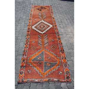 Turkish Vintage Herki <b>Runner</b> Rug 3.2x11 ft, <b>Red</b> Abstract Rug Wool - Product Image 1