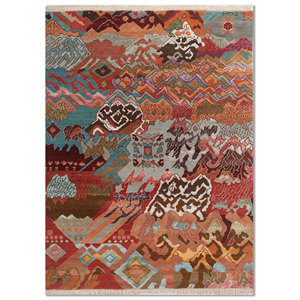 พรมทอมือลายนามธรรมสีแดงและสีส้มจาก Weaver Art Reserve ผลิตจากขนสัตว์และไหมไผ่ เหมาะสำหรับห้องนั่งเล่นและห้องนอน รุ่น LES-5060 - Product Image 1