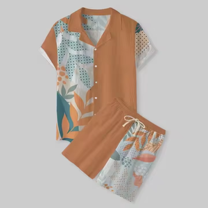 ชุดกีฬาลำลองสำหรับผู้ชายกางเกงขาสั้นและเสื้อเชิ้ตถักลายฮาวายแฟชั่นฤดูร้อน - Product Image 5