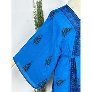 Upcycle Boho Silk Long <b>Robe</b> Tropical <b>Beach</b> Cardigan Summer House Dressing Gown Blue Persian Loungewear for Swim Suit Cover Ups - Product Image 2