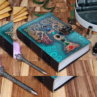 Carnet de sorcière vintage fait main en cuir motif arbre Mère Terre, Grimoire mystique à sept pierres avec bords festonnés pour les sorcières