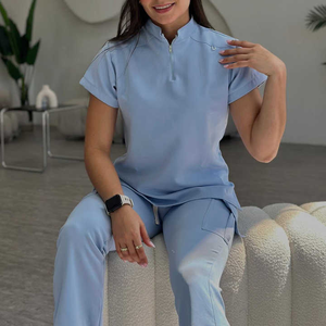 Customization <b>Light</b> Blue Flared Trousers Set Hospital High Quality Medical Nursing <b>Dental</b> Salon Uniforms Women Dobby Fabric - Product Image 2