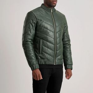 Veste matelassée en cuir verte personnalisée pour hommes Vente en gros de service OEM à col montant et fermeture à l'avant style hiver décontracté - Product Image 4