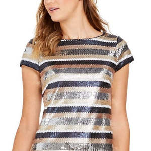 Abito da sera attillato a righe con paillettes e scollo alto, modello personalizzato da donna Vince Camuto, blu impero, taglia XS - Product Image 2