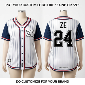 Maillot de baseball pour femme en polyester premium 260 GSM, maille œil-de-perdrix, blanc et rayures marine, logo personnalisé par sublimation - Product Image 1