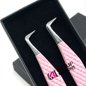 Pinzas de extensión de pestañas de acero inoxidable con revestimiento de polvo rosa claro de 90 grados de estilo profesional, instrumentos de belleza con logotipo personalizado - Product Image 1
