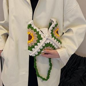 Crochet Handmade Cotton Fashion Open Portable Sunflower Pattern Large Capacity Medium Shoulder Crossbody <b>Bag</b> Women's Single - Product Image 3