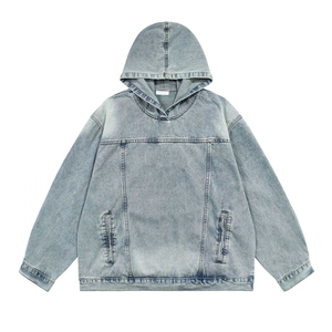 Newest Custom Printed High Quality Solid Winter Plain Dyed Heavyweight Denim Lined Zipper-Up Hoodie <b>Worker</b> Jacket for <b>Men</b> - Product Image 1
