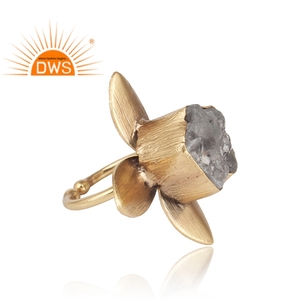 Último diseño hecho a mano 18K chapado en oro cuarzo ahumado natural piedra preciosa diseño floral anillo apilable Demi fabricante de joyería fina - Product Image 2