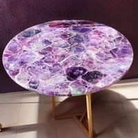 Table basse rétroéclairée en améthyste pour cuisine, salle à manger, salon, avec dessus en bois, marbre, pierre naturelle, quartz, forme ronde, finition aléatoire