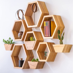 Wall Mount Hexagon Floating <strong>Shelves</strong> Honeycomb Decor <strong>Wooden</strong> Plant Pots Holder Stainless Steel for Kitchen Bathroom Living Room - Product Image 4