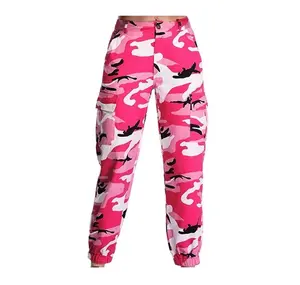 最新迷彩设计粉色修身运动裤带口袋裤直筒时尚印花女式工装裤