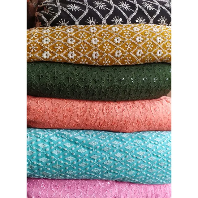 Tela textil de tela India bordada Chikan de algodón de gran oferta para hacer vestidos disponibles a precio de fabricante de suministros al por mayor
