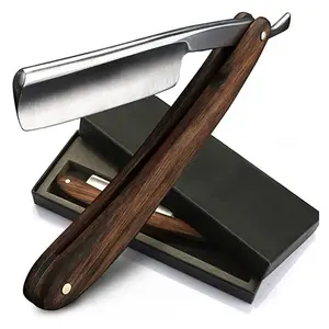 Sampel gratis grosir pisau cukur tukang cukur tepi lurus pisau cukur baja tahan karat Jerman untuk pria pisau cukur tukang cukur pegangan kayu
