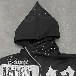 Sudadera con capucha personalizada con cremallera y diamantes de imitación para hombre 500 GSM Heavyweight 100% algodón bordado desgastado Sudadera con capucha de mezcla de algodón - Product Image 5