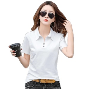 Camiseta de estilo hip-hop para mujer, camiseta de manga corta de lana pesada con botones y cuello vuelto de verano, Camiseta corta de Color sólido - Product Image 1