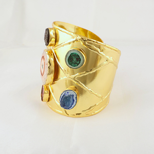 Bracelet large en métal massif plaqué or 18 carats, bijoux de mode de luxe, bijoux bohèmes, bracelet ouvert, pierres précieuses naturelles multicolores - Product Image 2