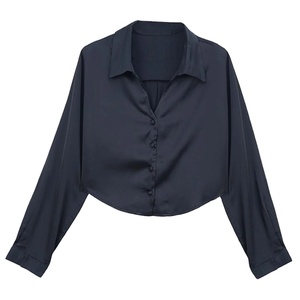 Blusa de Seda para Mujer, Manga Corta, Cuello en V, Color Sólido, Camisa Básica de Seda, Elegante, para Oficina, Informal, Holgada, de Satén - Product Image 1