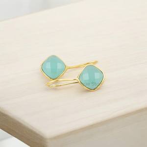 925 Sterling Silver <b>Fine</b> <b>Dangle</b> <b>Earrings</b> Handmade Natural Aqua Chalcedony Faceted Gemstone Jewelry Gold Plated Statement Jewelry - Product Image 1