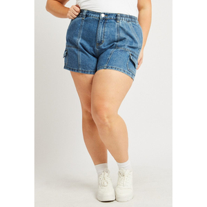 100% Cotton High <b>Waist</b> Denim Cargo Women Shorts Side Pockets <b>Belt</b>-loop Waistband <b>Plus</b> <b>Size</b> Casual Cargo Short Breathable Pant - Product Image 2